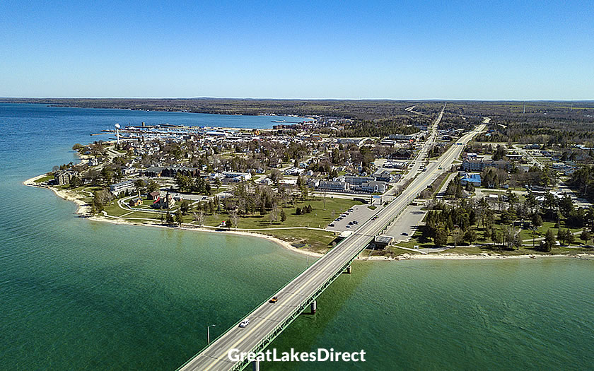 An aerial view of Mackinaw City
